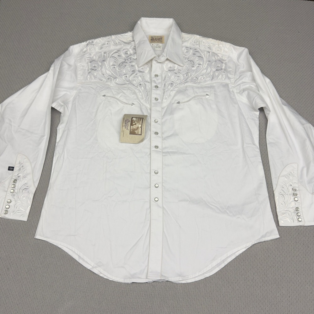 New Rockmount Ranch Wear Pearl Snap Shirt XL White Floral Embroidered Cowboy